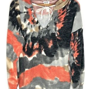 BiBi Women's Tie-Dye V-Neck Sweater in Coral, Black & Gray
